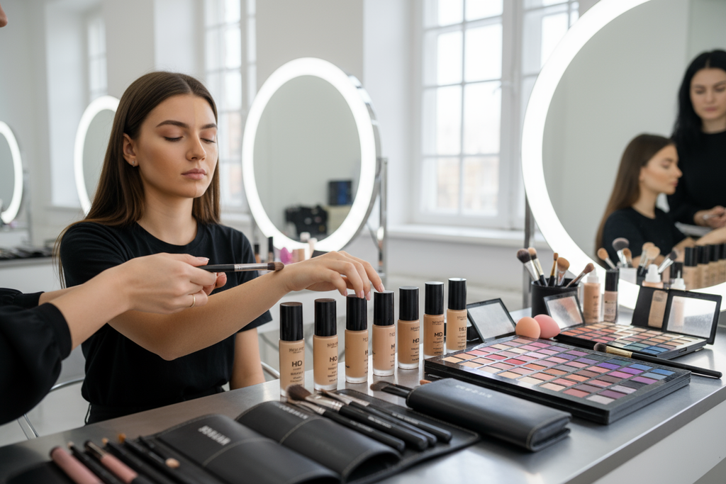 Hands-on professional makeup training with premium HD products. Student learning makeup